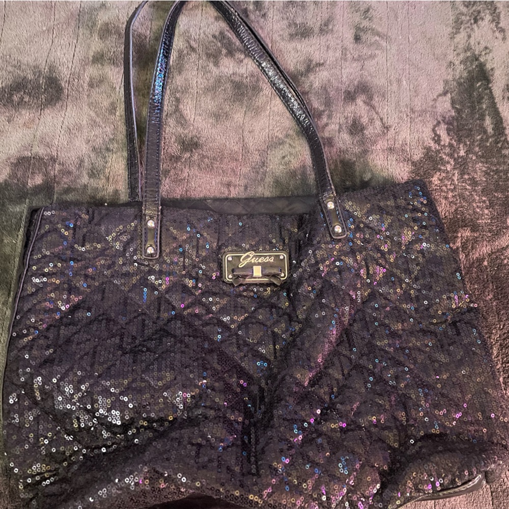 Black sequin and satin quilted authentic Guess purse